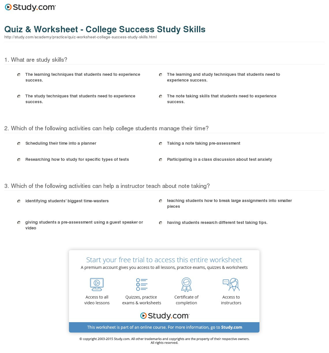 Quiz  Worksheet  College Success Study Skills  Study