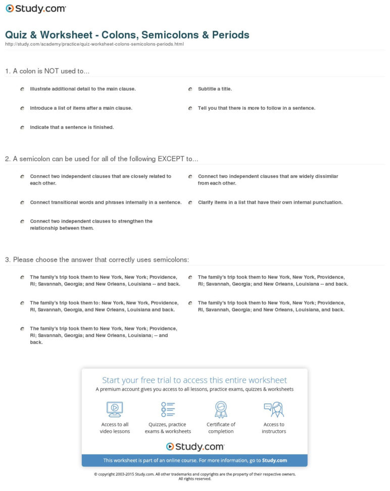 Quiz  Worksheet  Colons Semicolons  Periods  Study