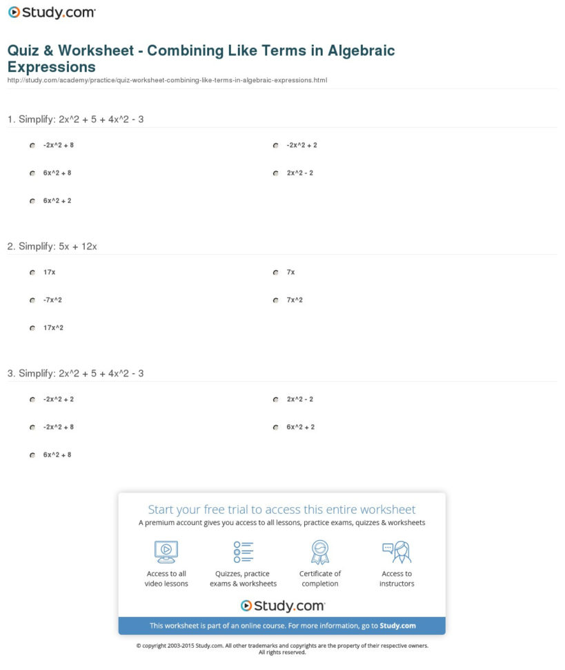 Quiz  Worksheet  Combining Like Terms In Algebraic