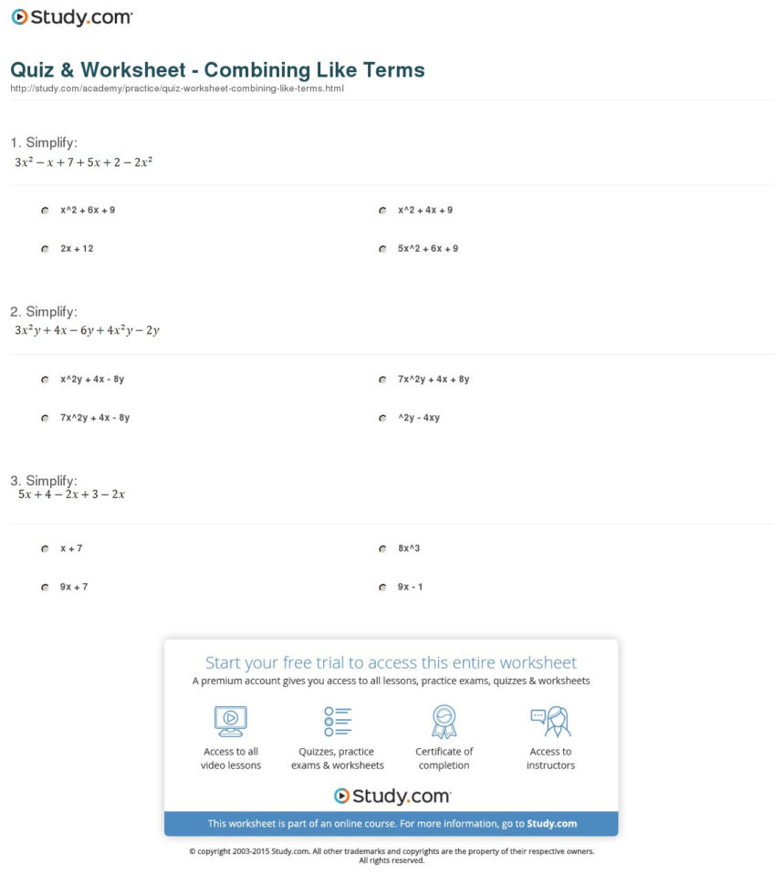 Combining Like Terms Practice Worksheet