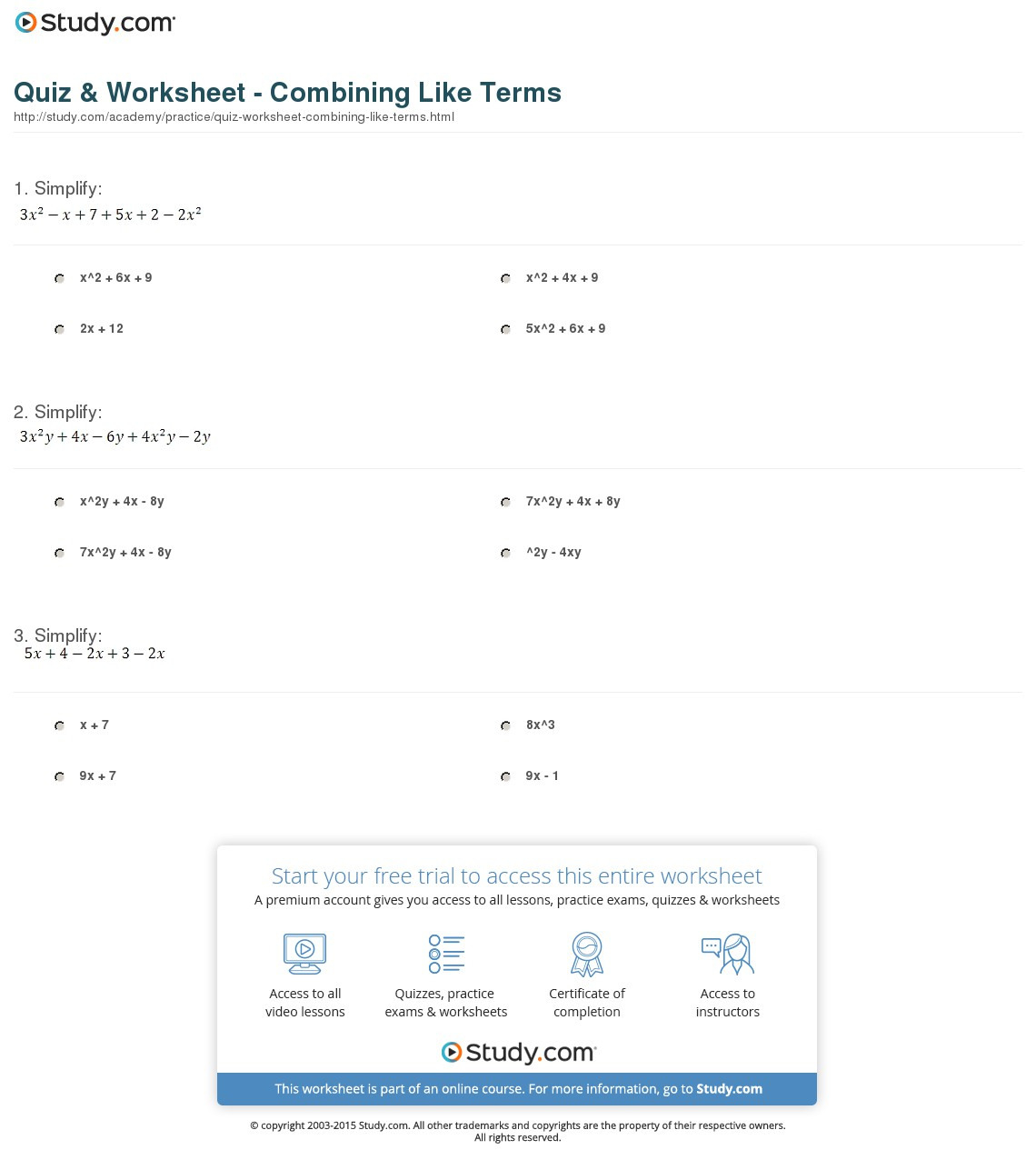 Quiz  Worksheet  Combining Like Terms  Study