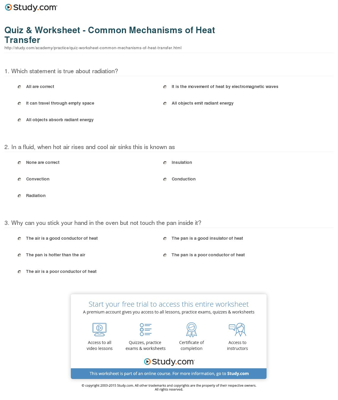 Quiz  Worksheet  Common Mechanisms Of Heat Transfer