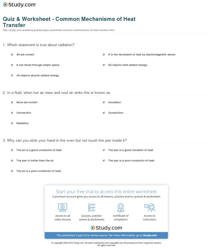 Quiz  Worksheet  Common Mechanisms Of Heat Transfer  Study