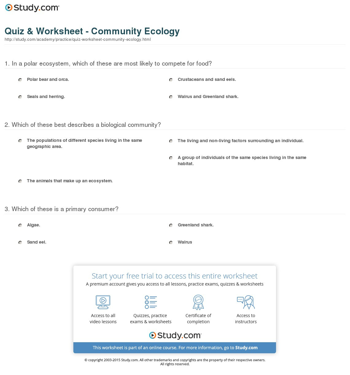 Quiz  Worksheet  Community Ecology  Study