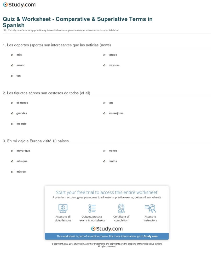 Quiz  Worksheet  Comparative  Superlative Terms In
