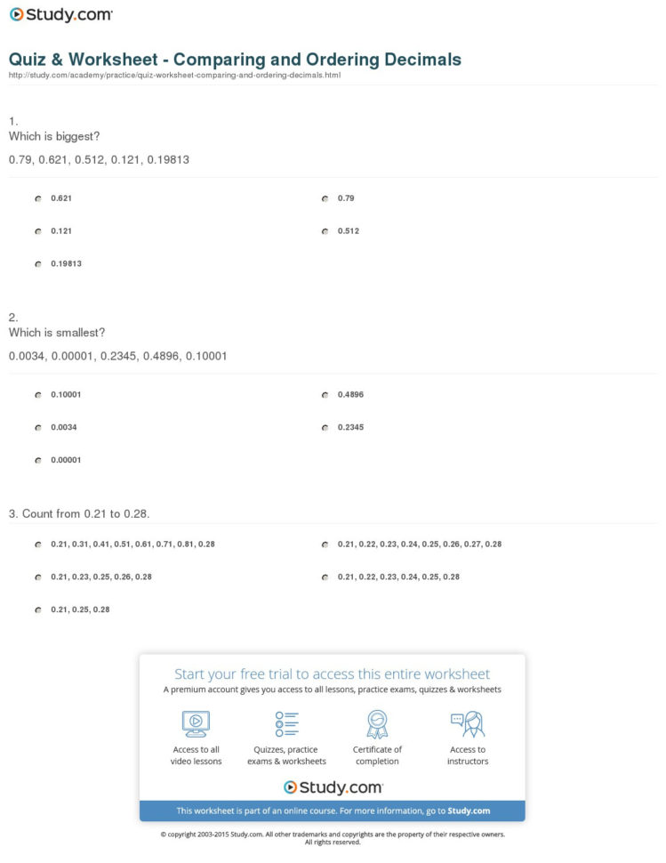 Quiz  Worksheet  Comparing And Ordering Decimals  Study