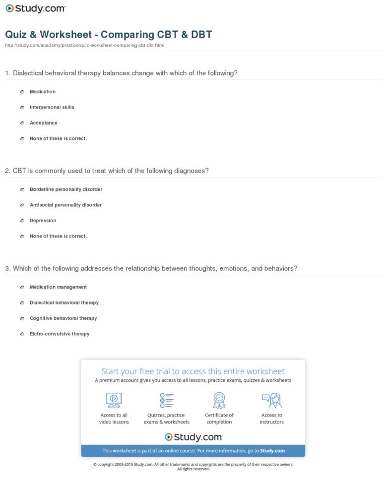 Quiz  Worksheet  Comparing Cbt  Dbt  Study