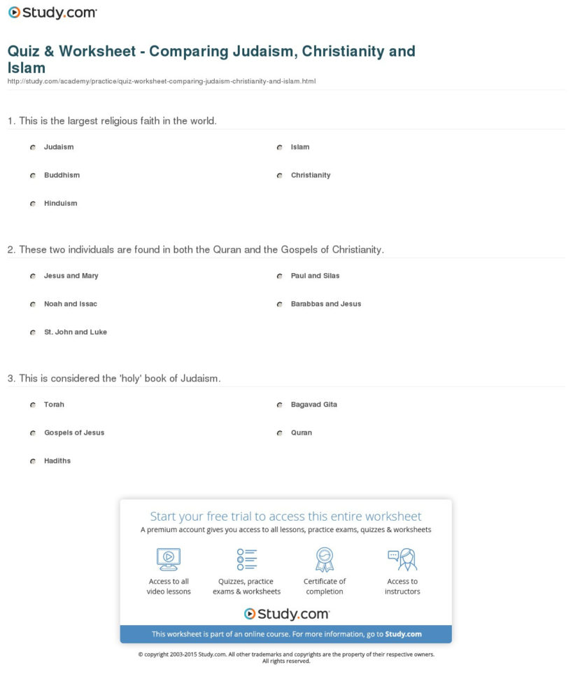 Quiz  Worksheet  Comparing Judaism Christianity And Islam