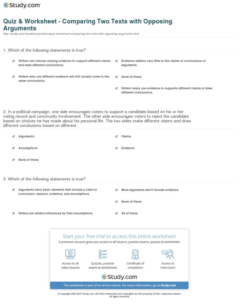 Quiz  Worksheet  Comparing Two Texts With Opposing