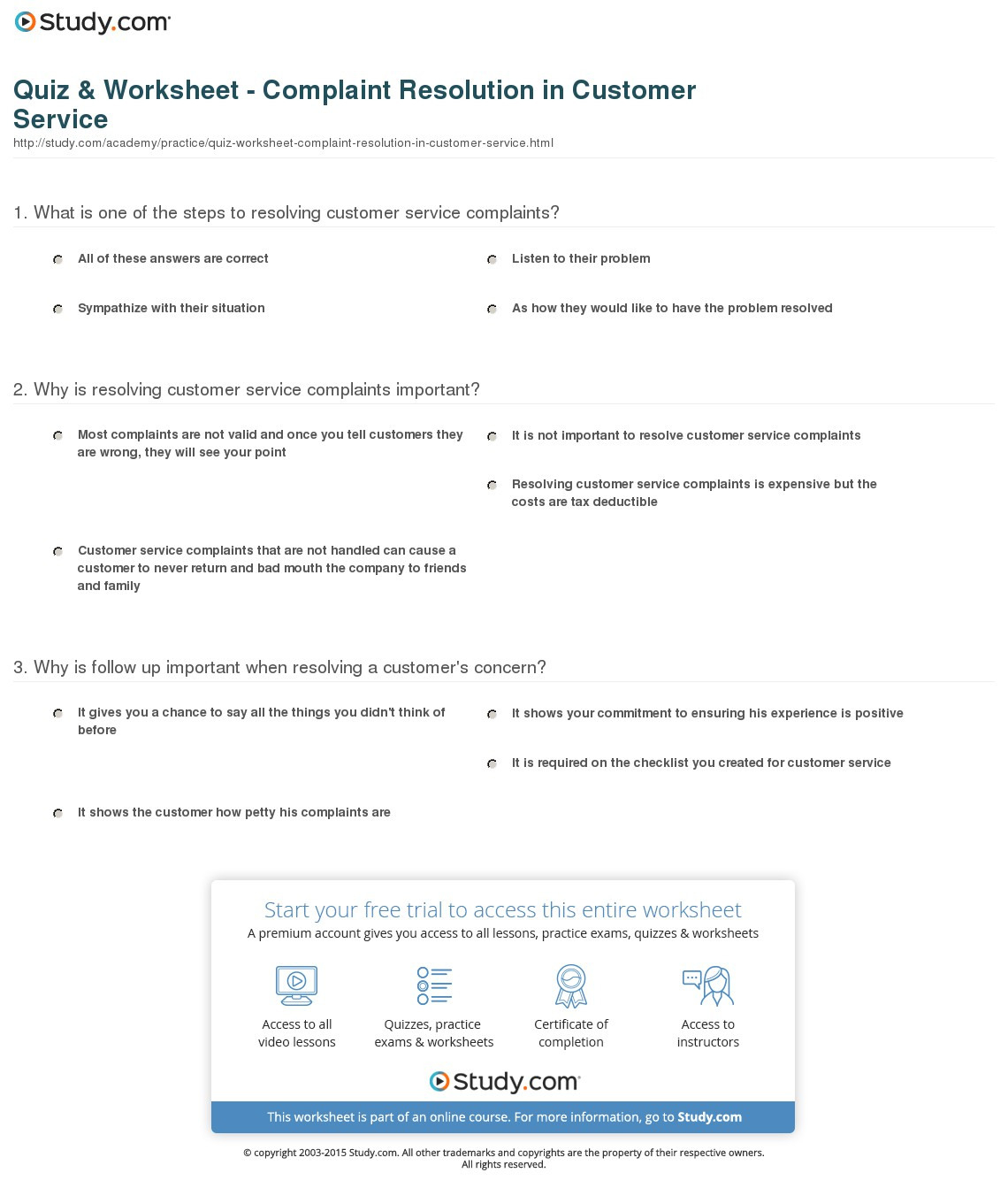 Quiz  Worksheet  Complaint Resolution In Customer Service