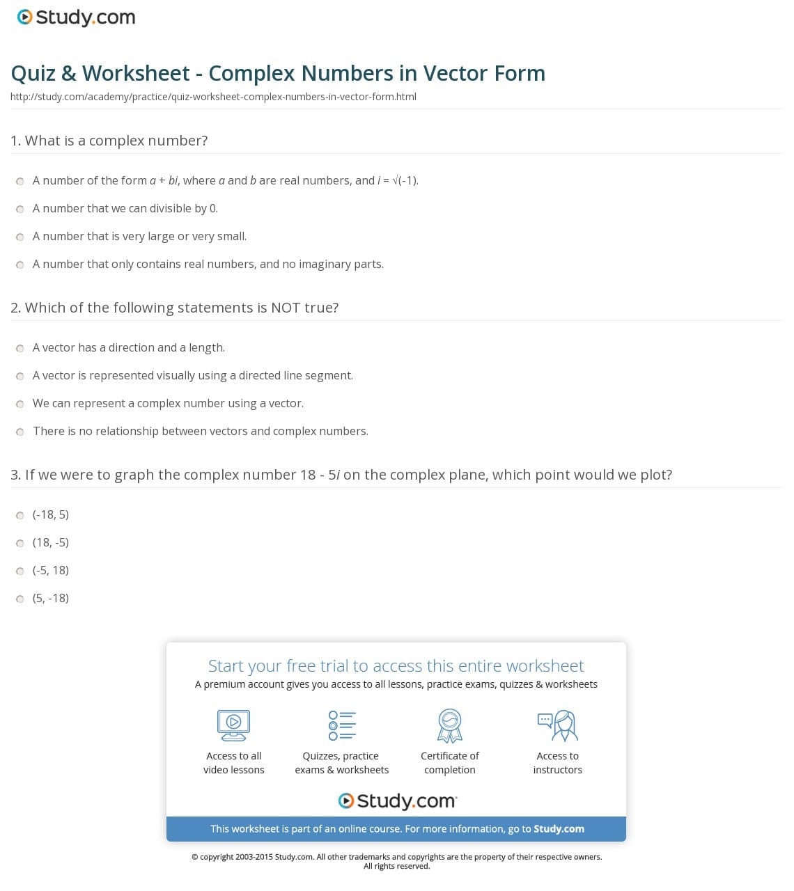 Quiz  Worksheet  Complex Numbers In Vector Form  Study