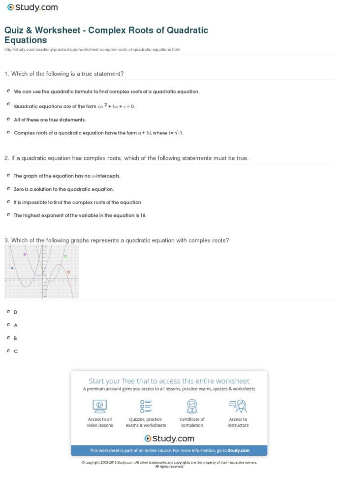 Quiz  Worksheet  Complex Roots Of Quadratic Equations
