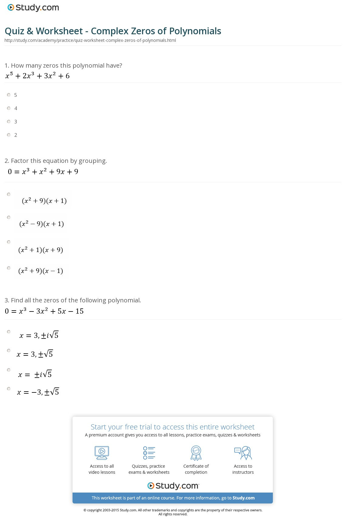 Quiz  Worksheet  Complex Zeros Of Polynomials  Study