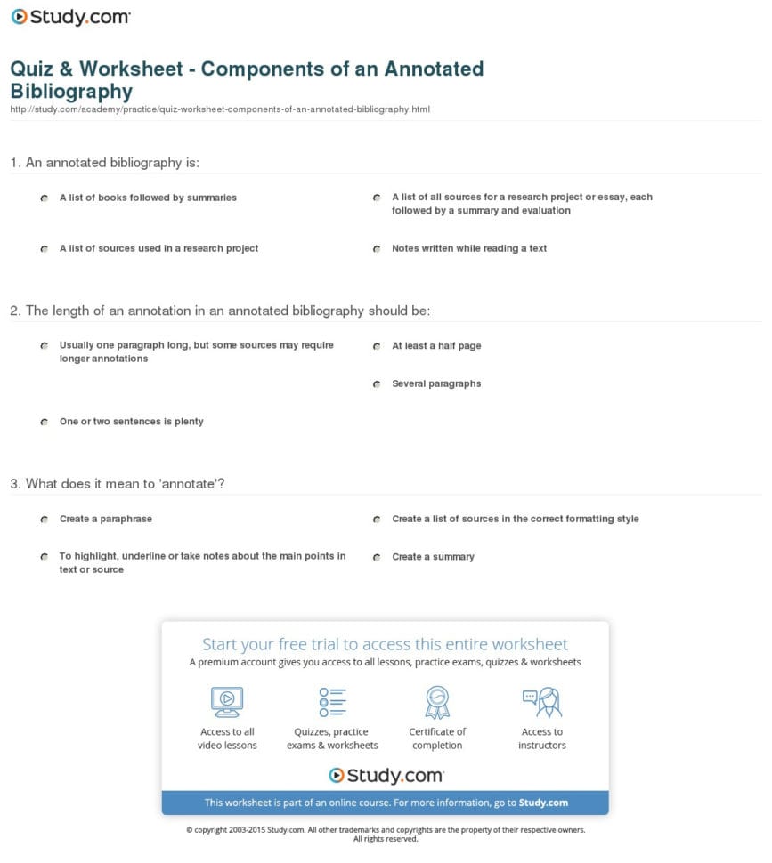 Quiz  Worksheet  Components Of An Annotated Bibliography