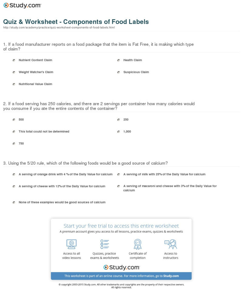 Quiz  Worksheet  Components Of Food Labels  Study