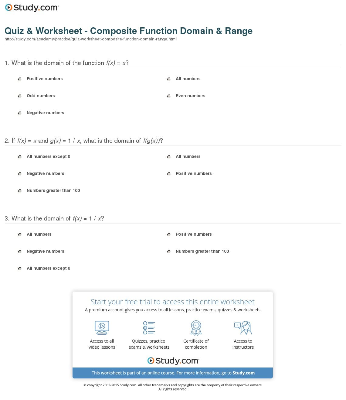 Quiz  Worksheet  Composite Function Domain  Range  Study