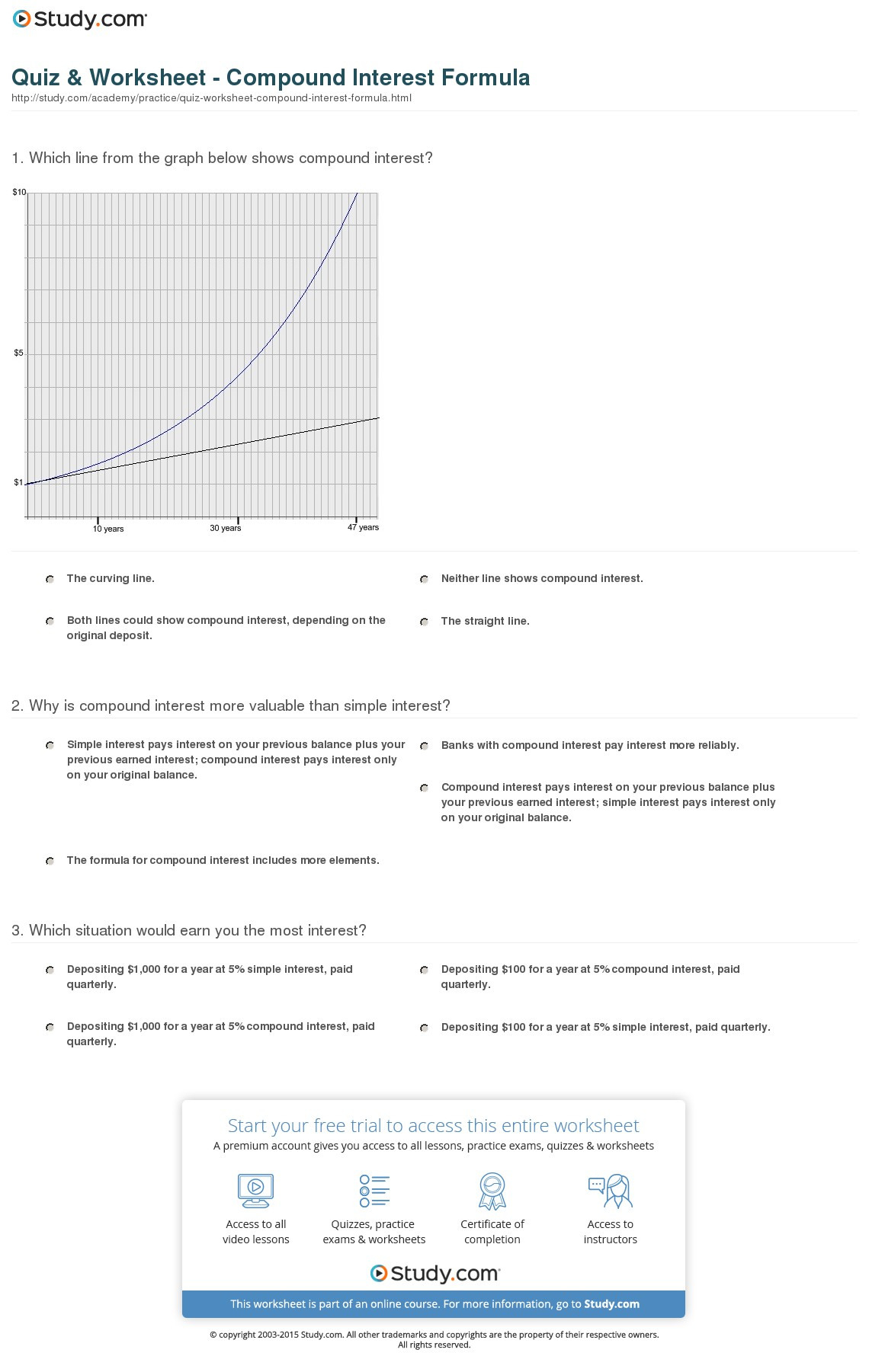 Quiz  Worksheet  Compound Interest Formula  Study