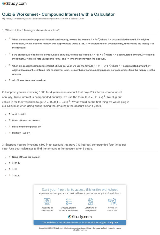 Quiz  Worksheet  Compound Interest With A Calculator