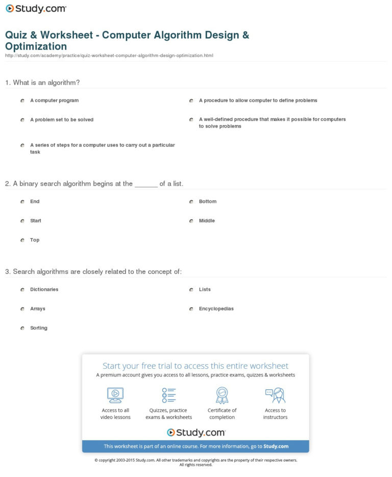 Quiz Worksheet Computer Algorithm Design Optimization — db-excel.com