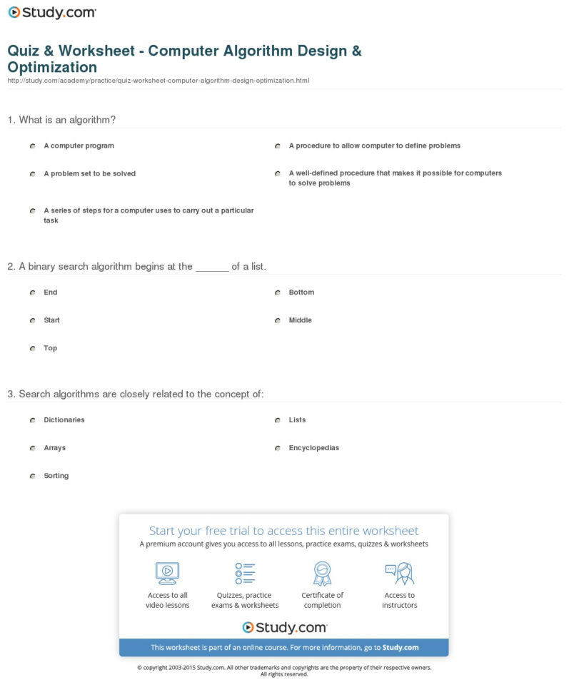 Quiz  Worksheet  Computer Algorithm Design  Optimization
