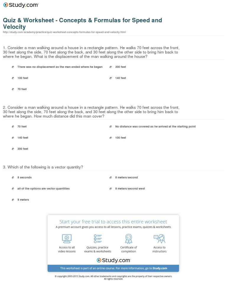 Quiz  Worksheet  Concepts  Formulas For Speed And Velocity