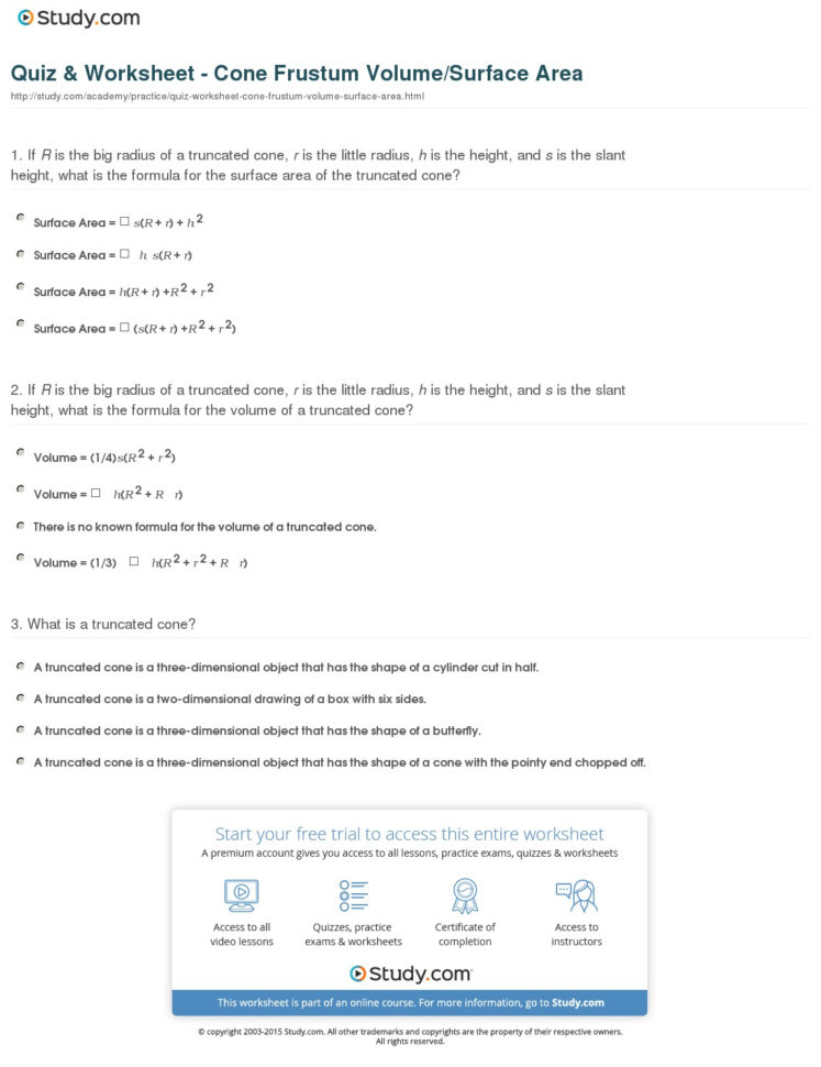 Quiz  Worksheet  Cone Frustum Volumesurface Area  Study