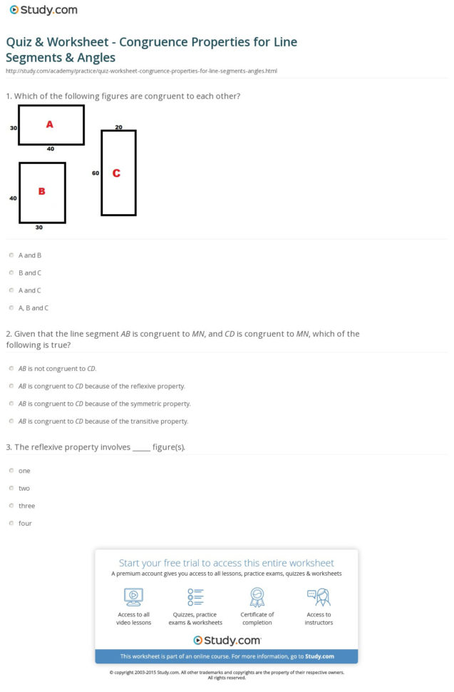 Quiz  Worksheet  Congruence Properties For Line Segments  Angles