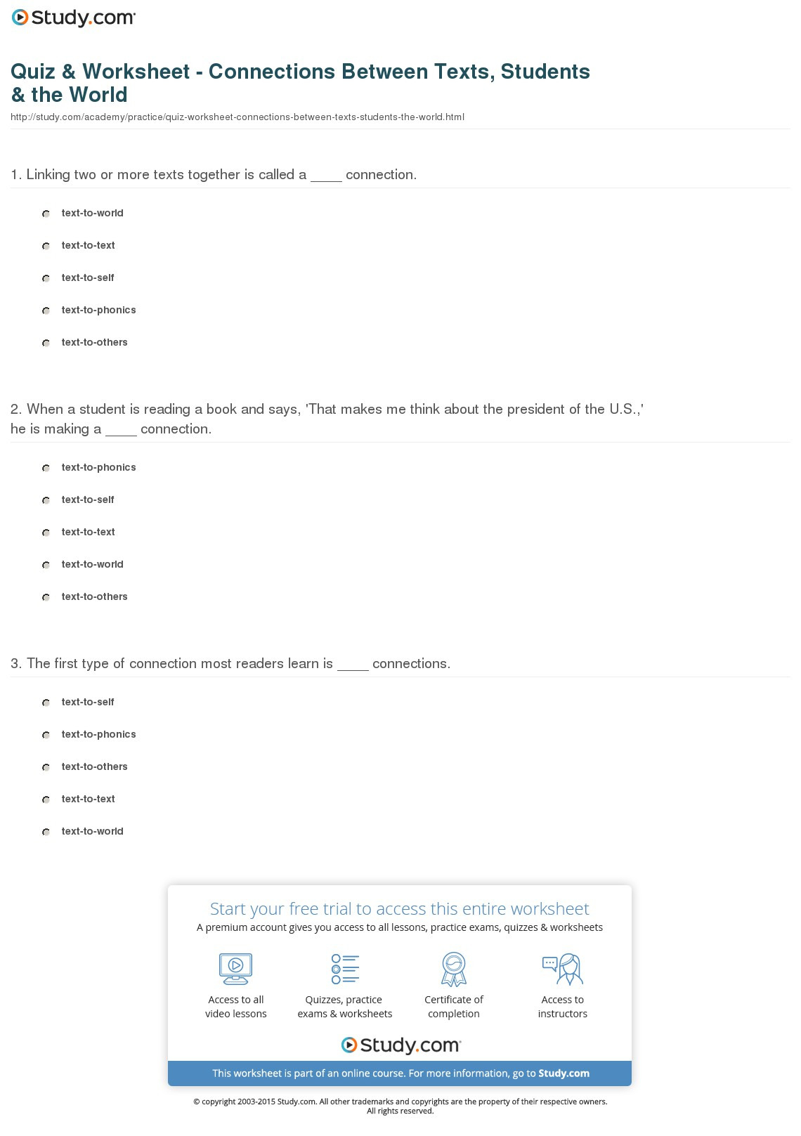Quiz  Worksheet  Connections Between Texts Students  The