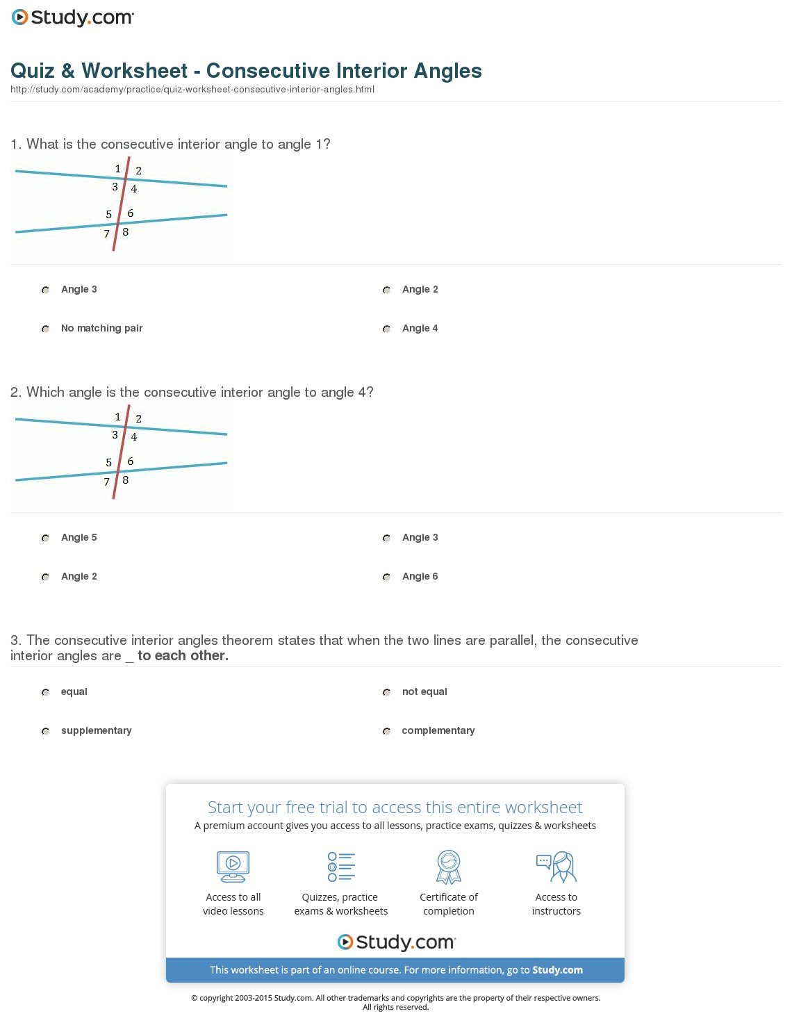 Quiz  Worksheet  Consecutive Interior Angles  Study