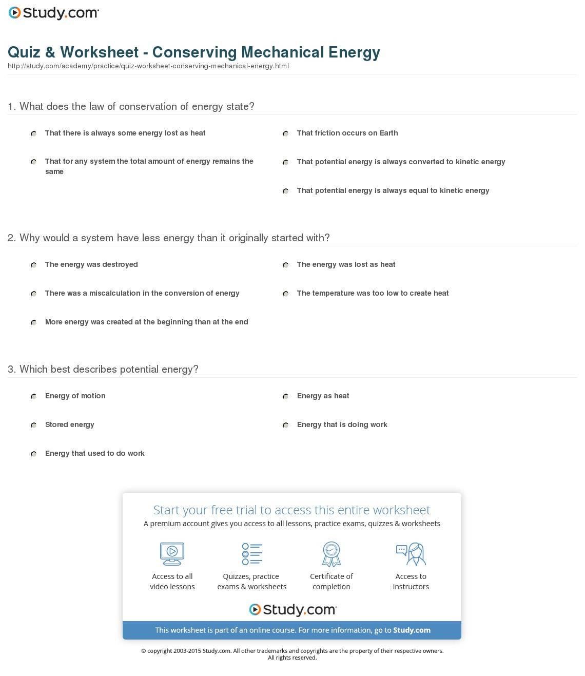 Quiz  Worksheet  Conserving Mechanical Energy  Study