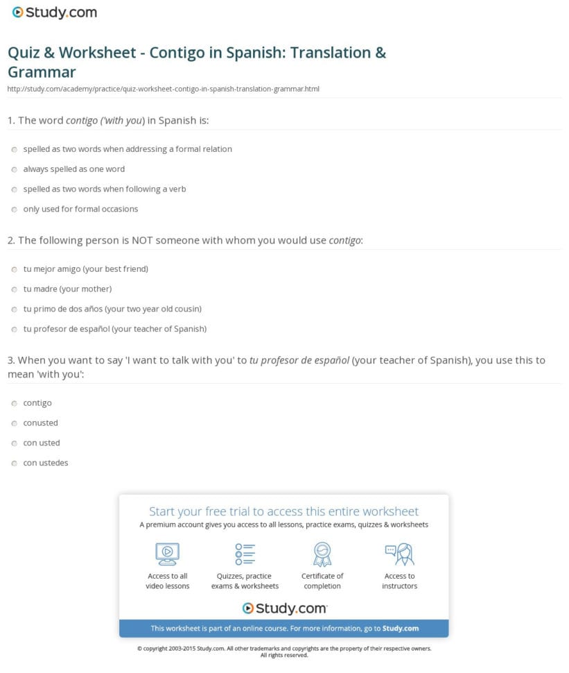Quiz  Worksheet  Contigo In Spanish Translation  Grammar