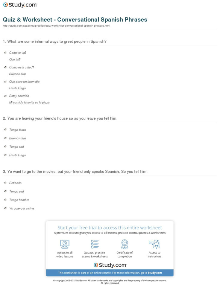 Quiz  Worksheet  Conversational Spanish Phrases  Study