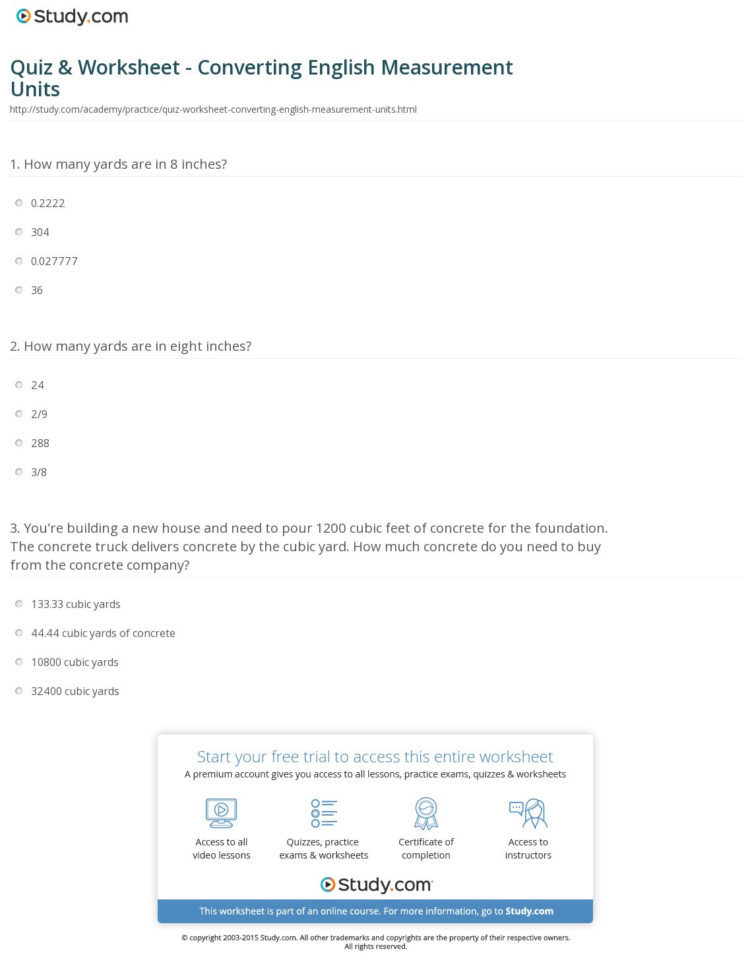 Quiz  Worksheet  Converting English Measurement Units