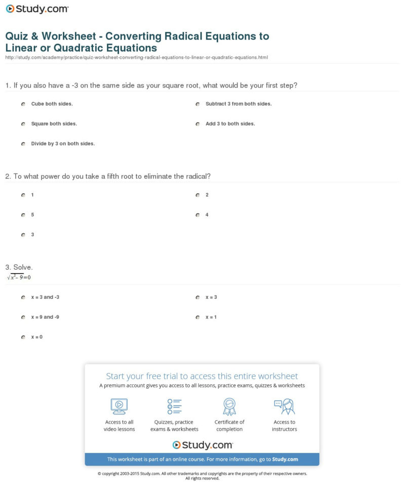Quiz  Worksheet  Converting Radical Equations To Linear Or