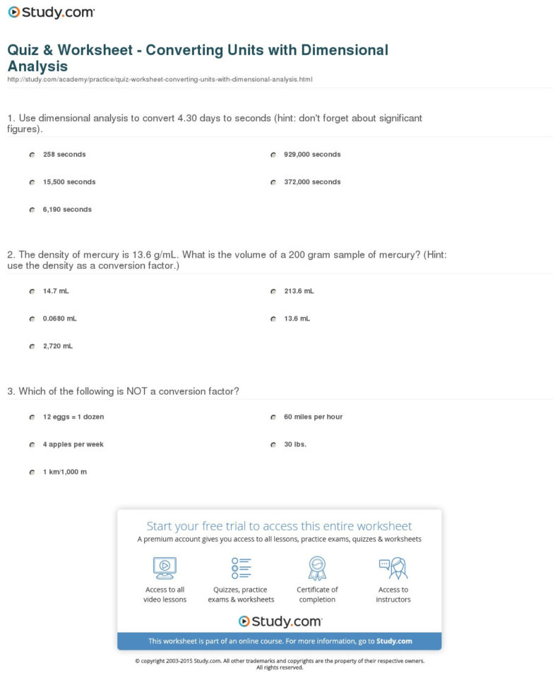 Quiz  Worksheet  Converting Units With Dimensional