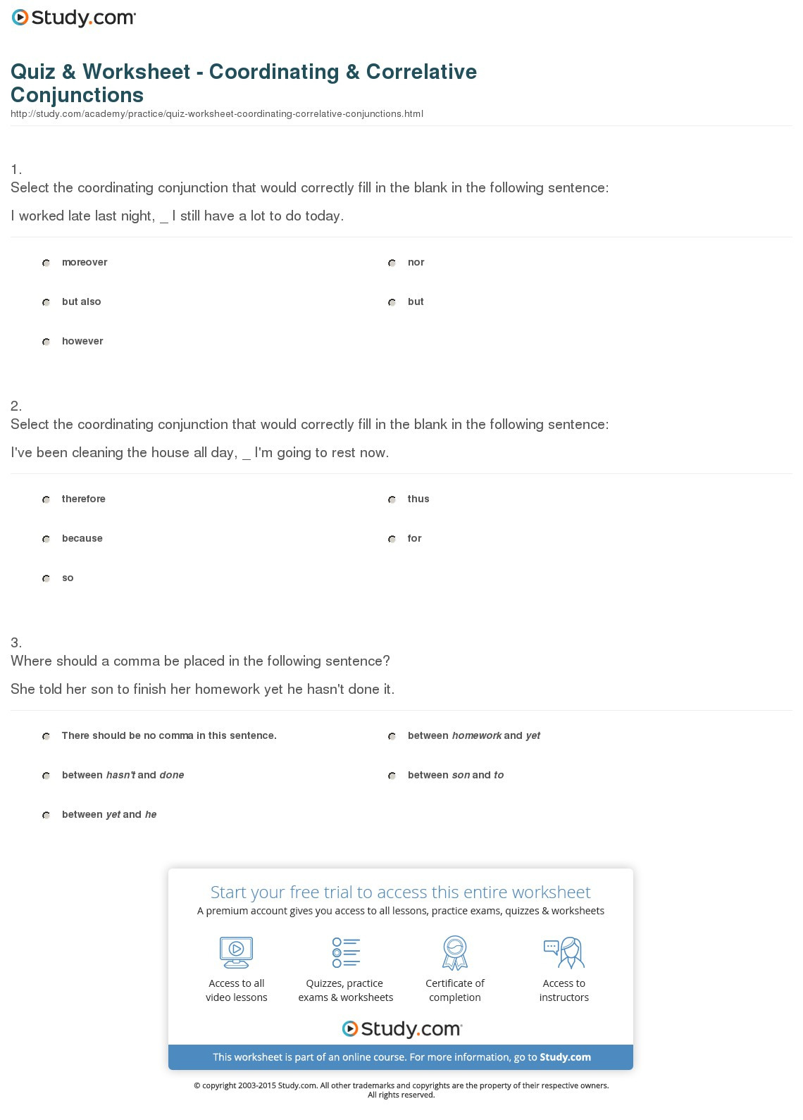 Quiz  Worksheet  Coordinating  Correlative Conjunctions