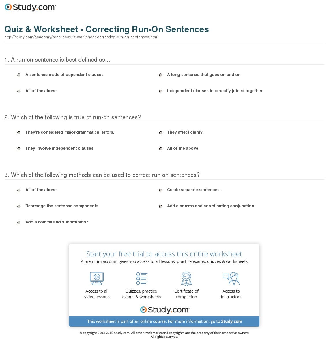 Quiz  Worksheet  Correcting Runon Sentences  Study