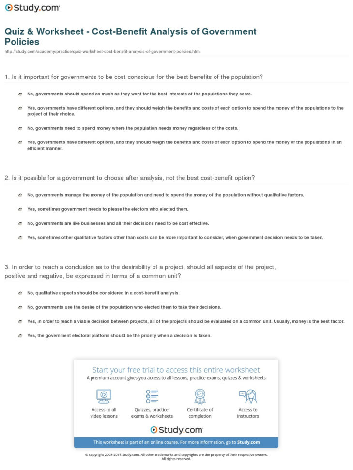 Quiz  Worksheet  Costbenefit Analysis Of Ernment
