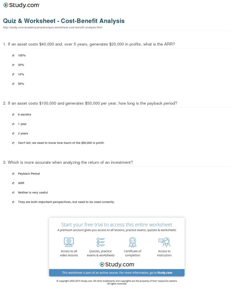 Quiz  Worksheet  Costbenefit Analysis  Study