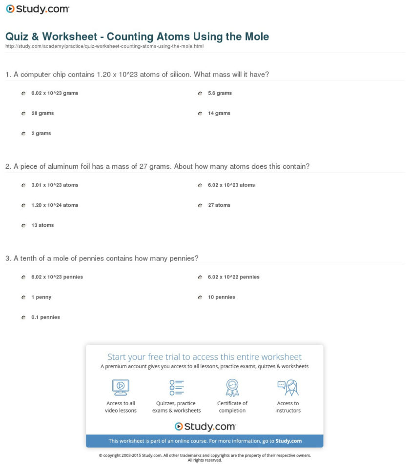 Quiz  Worksheet  Counting Atoms Using The Mole  Study