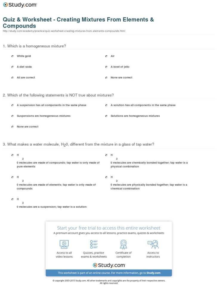 Quiz  Worksheet  Creating Mixtures From Elements