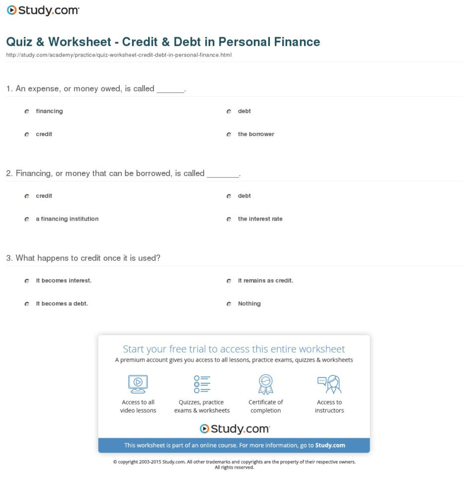 Quiz  Worksheet  Credit  Debt In Personal Finance  Study