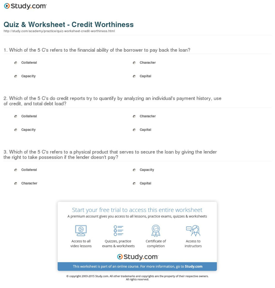 Quiz  Worksheet  Credit Worthiness  Study