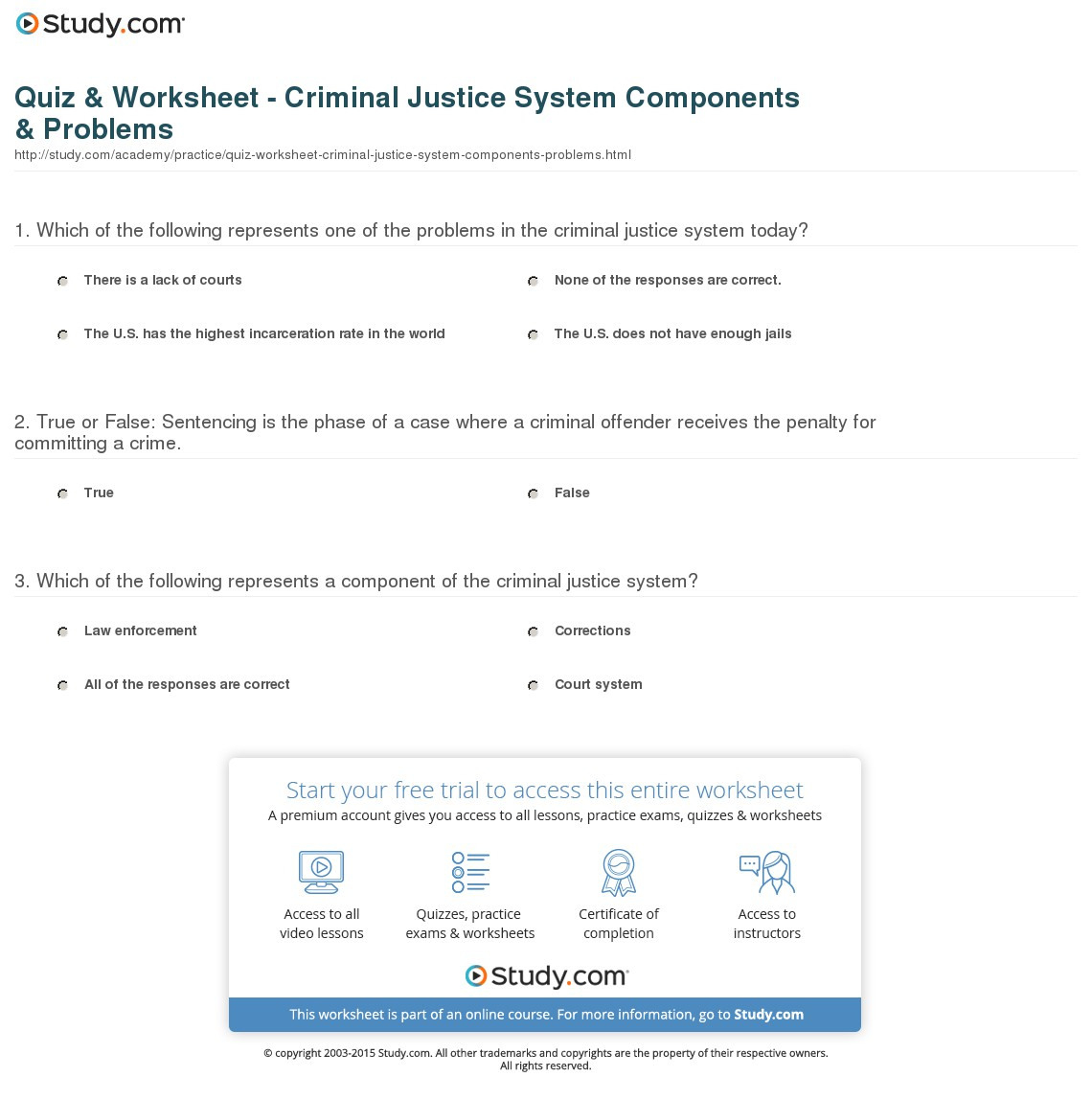 Quiz  Worksheet  Criminal Justice System Components  Problems