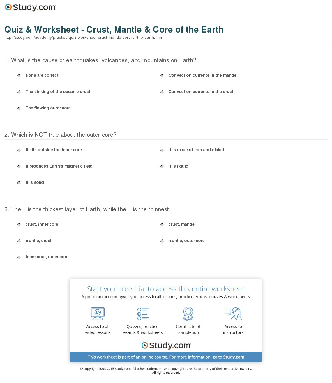 Quiz  Worksheet  Crust Mantle  Core Of The Earth  Study