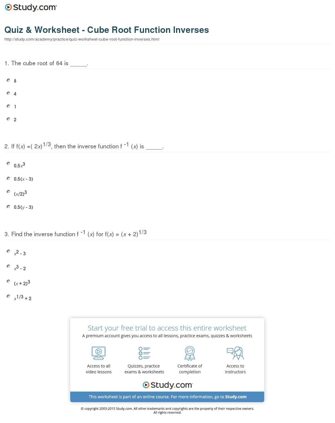 Quiz  Worksheet  Cube Root Function Inverses  Study