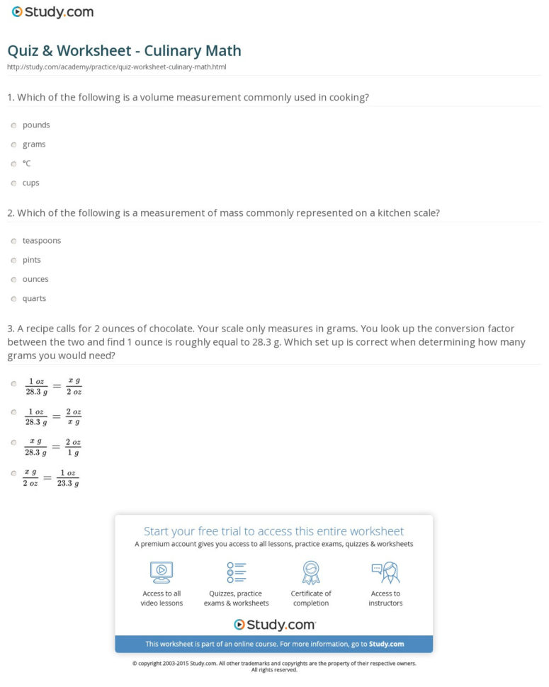 Quiz  Worksheet  Culinary Math  Study