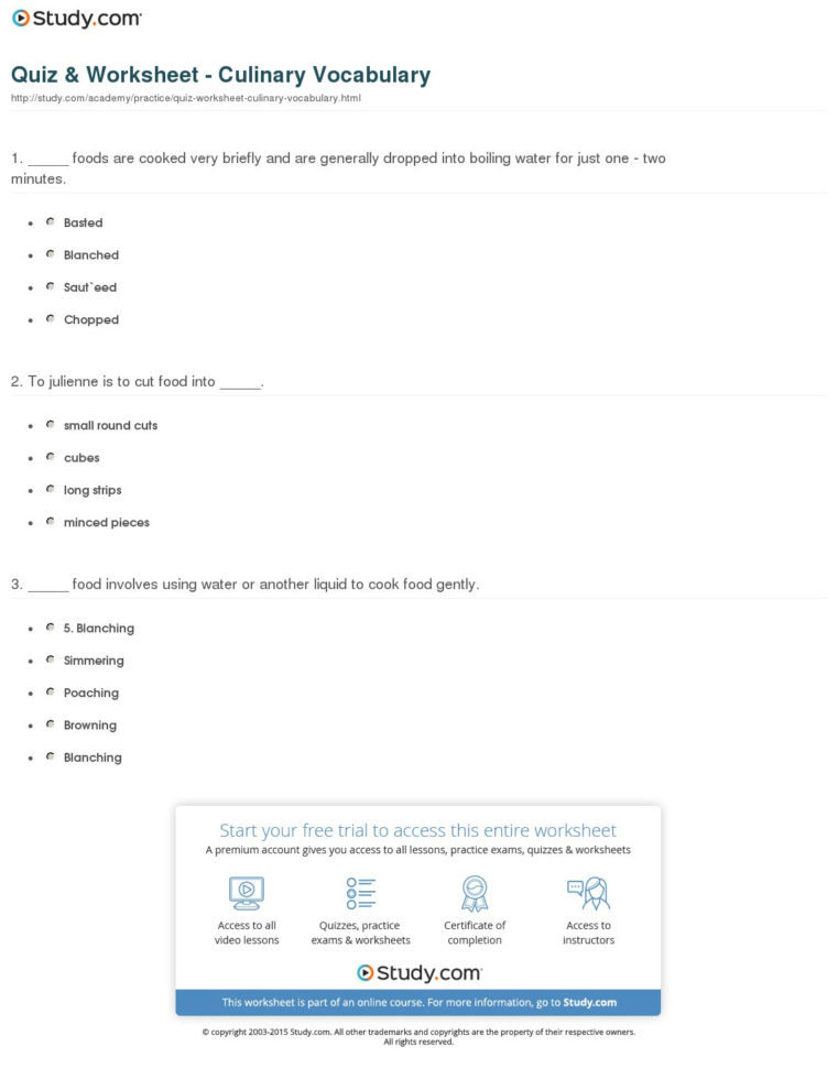 Quiz  Worksheet  Culinary Vocabulary  Study