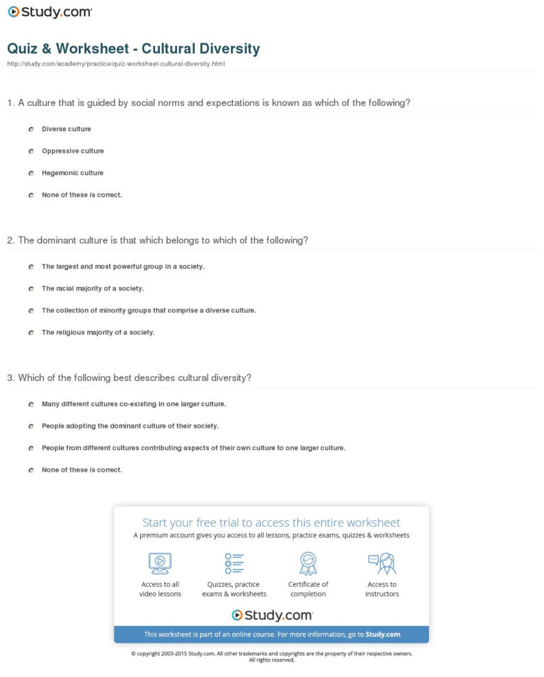 Quiz  Worksheet  Cultural Diversity  Study