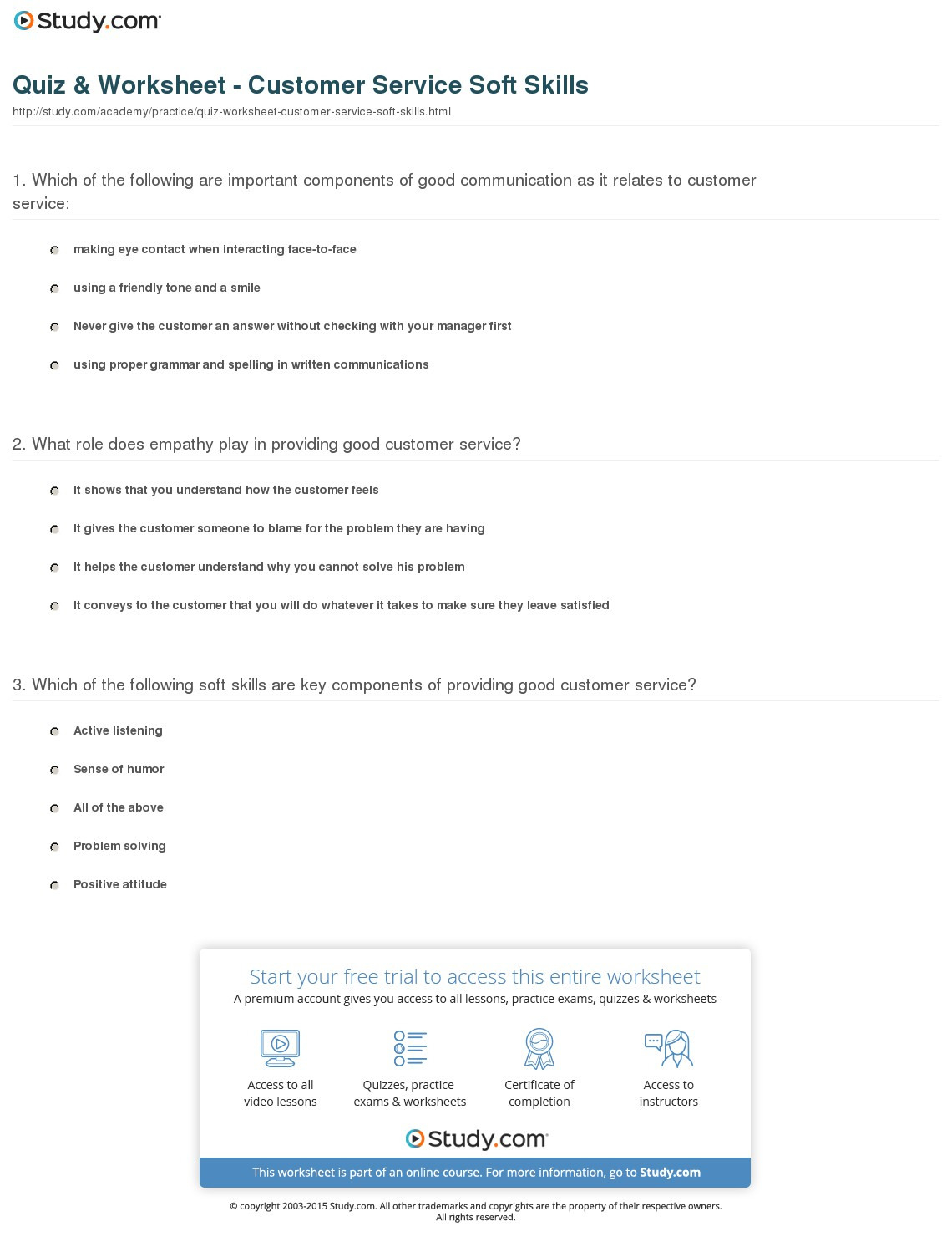 Quiz  Worksheet  Customer Service Soft Skills  Study